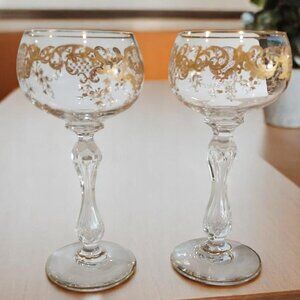 2 RARE French St. Louis Crystal Hock Vintage Wine Glasses Micado Pattern